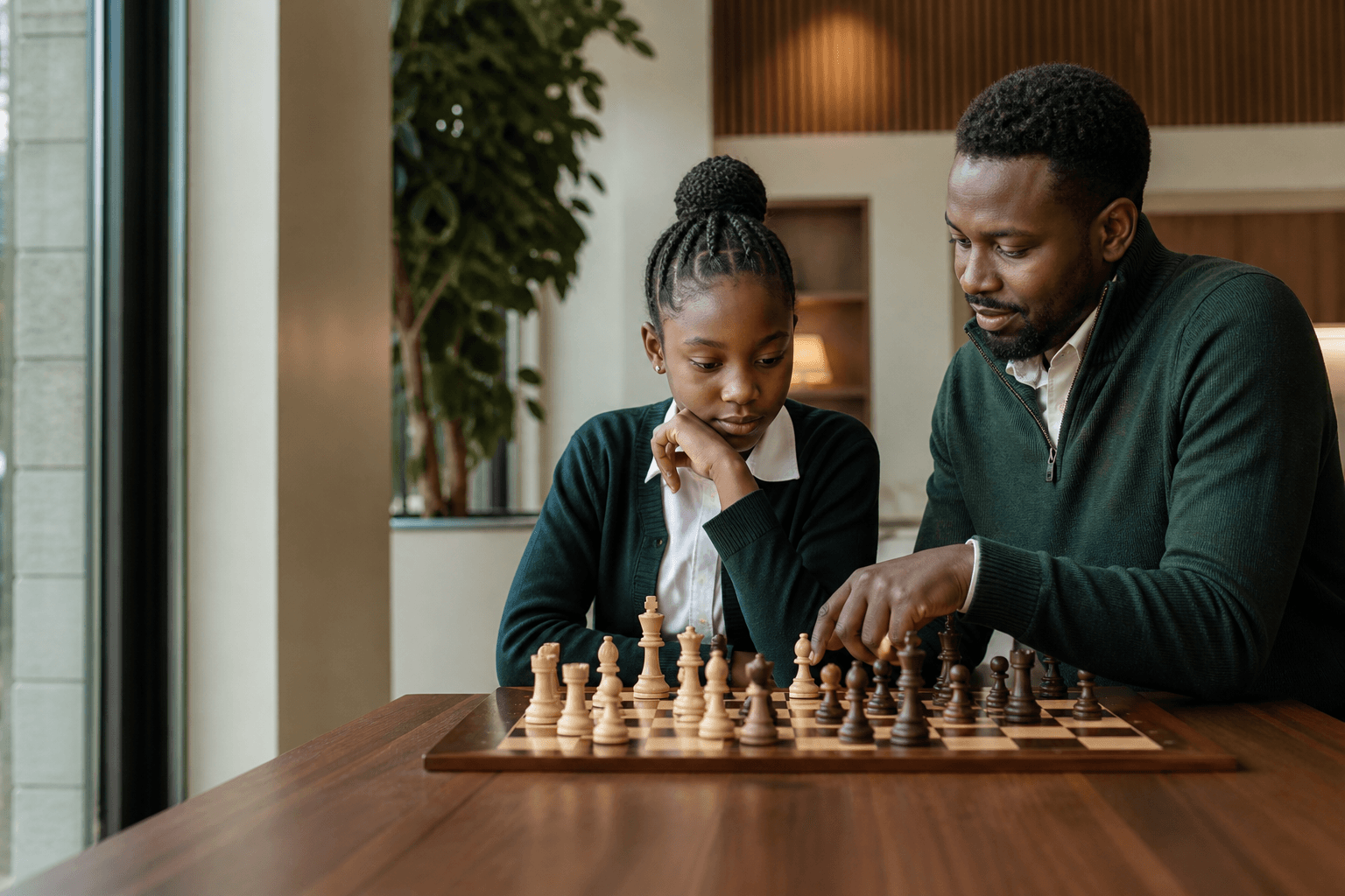 A young chess student learning with her coach